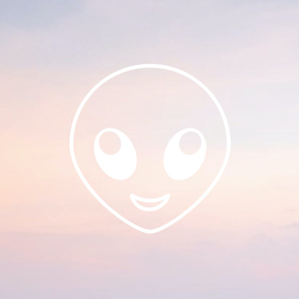 faded sunset background with a white emoji-style alien head decal