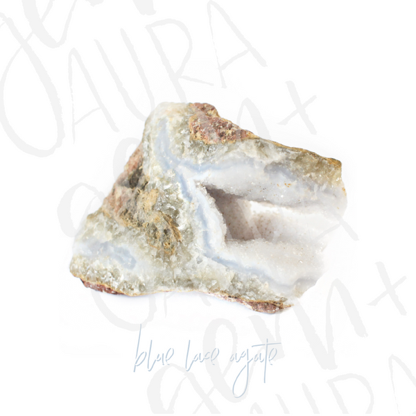 high quality photo of a blue lace agate crystal with a white background in a light wood frame. photo has "blue lace agate" written underneath in a soft blue and white cursive font. white background with gem+aura watermark overlay to protect image