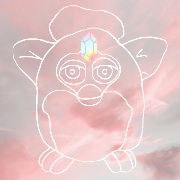 pink sunset background with a white decal mockup of a Furby, instead of the Furby's sensor on it's forehead, there is a holographic crystal