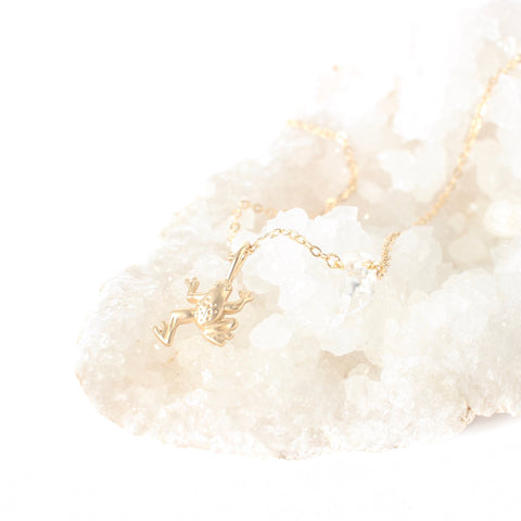 matte gold frog pendant on a dainty gold chain with a little piece of quartz on it. the necklace is laying on  cluster of white crystals, with a white background.