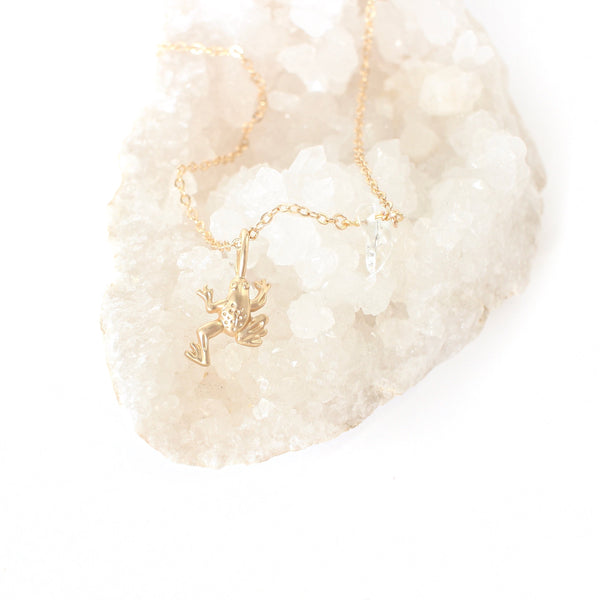 matte gold frog pendant on a dainty gold chain with a little piece of quartz on it. the necklace is laying on cluster of white crystals, with a white background.