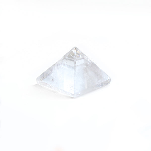 1.5 - 2 inch wide clear quartz pyramid. photo is taken from the front view, with a white background 