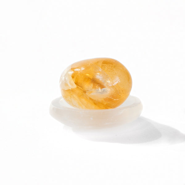 Golden healer quartz resting on a small selenite disc with a dip in it to hold crystals. the crystals are sitting on a white surface and there is a white background.