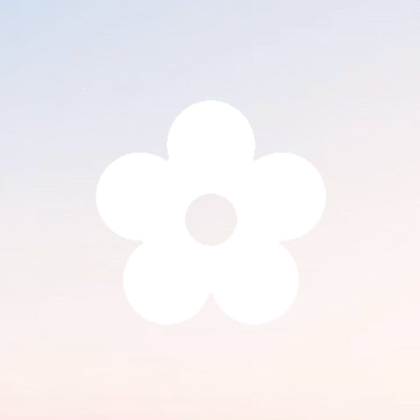 faded blue and pink sunset background with a white example of what the solid 90s flower decal looks like. 5 petal flower, solid in color with the centre of the flower missing