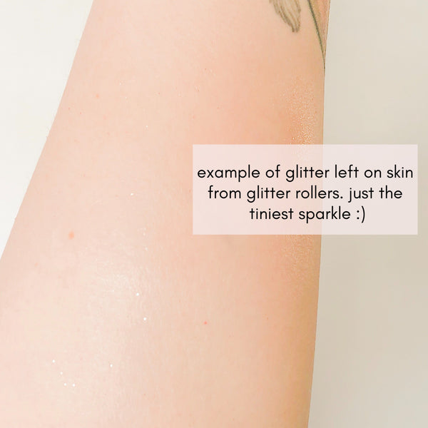 caucasian arm with very subtle glitter on it, showing how subtle the glitter from the rollers comes out