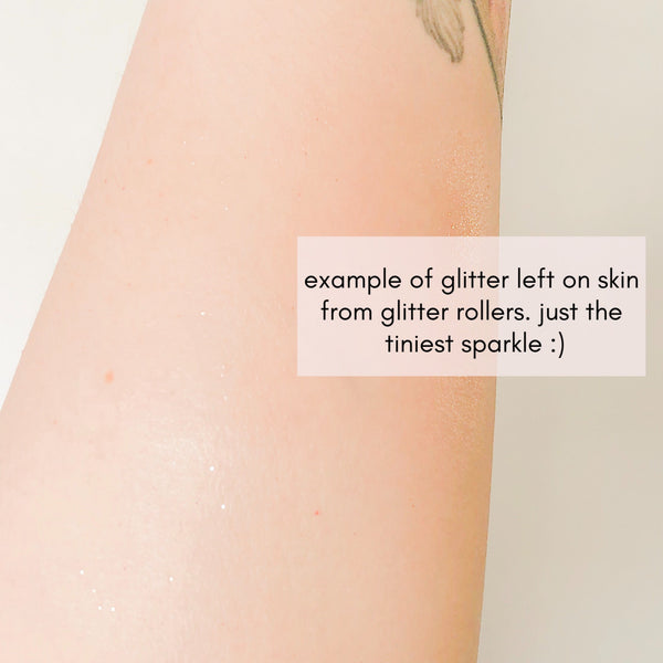photo of caucasian woman's arm with very subtle glitter on it. showing an example of how the glitter rolls on 