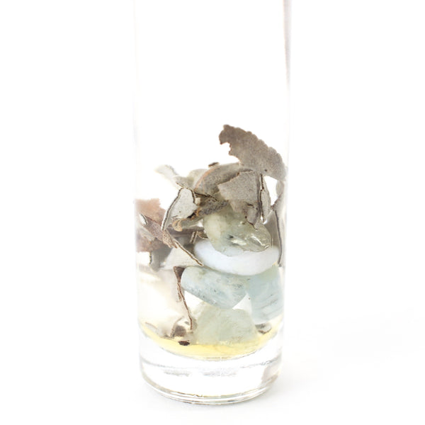 clear glass oil roller bottle with a black lid. it has a holographic gem and aura label on it. the bottle is full of oil, and inside is dried sage, aquamarine, blue lace agate and clear quartz chips. white background. close up