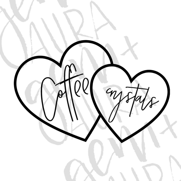 white background with gem+aura watermark overlay. black image of a decal with two overlapped hearts, one says coffee, the other says crystals