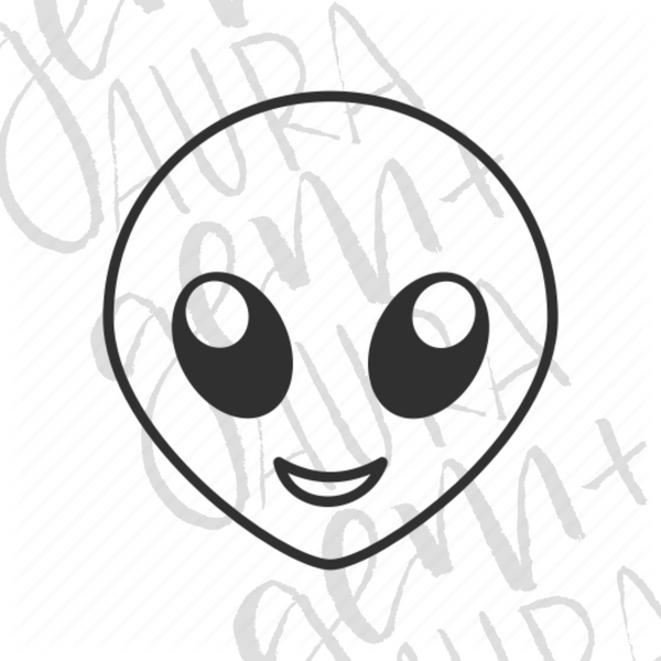 whits background with a gem+aura watermark. Black emoji-style alien head overlay