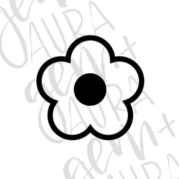 white background with gem+aura watermark to protect the image- black decal example of a 90s style flower. the decal is the outline and the middle only.