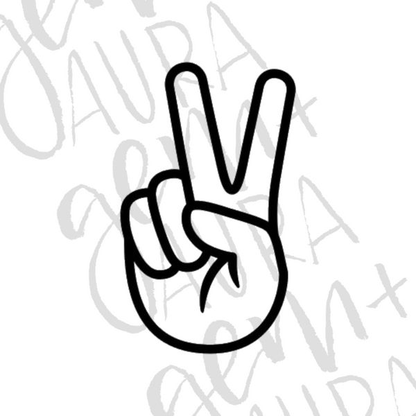 black outline of a hand being held in a peace sign position. white background, and a grey gem and aura watermark to protect the image