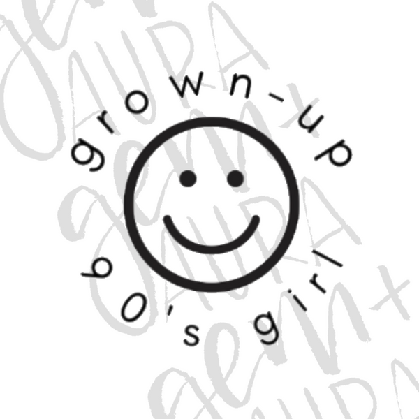 white background with "gem+aura" watermark. black happy face with a circle and "grown-up 90's girl" written around it in a simple font
