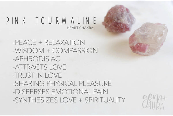 two pieces of pink tourmaline sitting on a grey marble background, gem and aura logo in bottom right corner. text reads "pink tourmaline" and lists healing properties, peace and relaxation, love, self love, trust in love, aphrodisiac