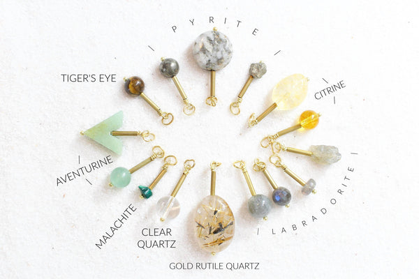 pyrite, citrine, labradorite, gold rutile quartz, clear quartz, malachite, aventurine, and tigers eye pendants with gold brass detail, laid out in a sunburst shape on white sand. crystals are labelled accordingly.